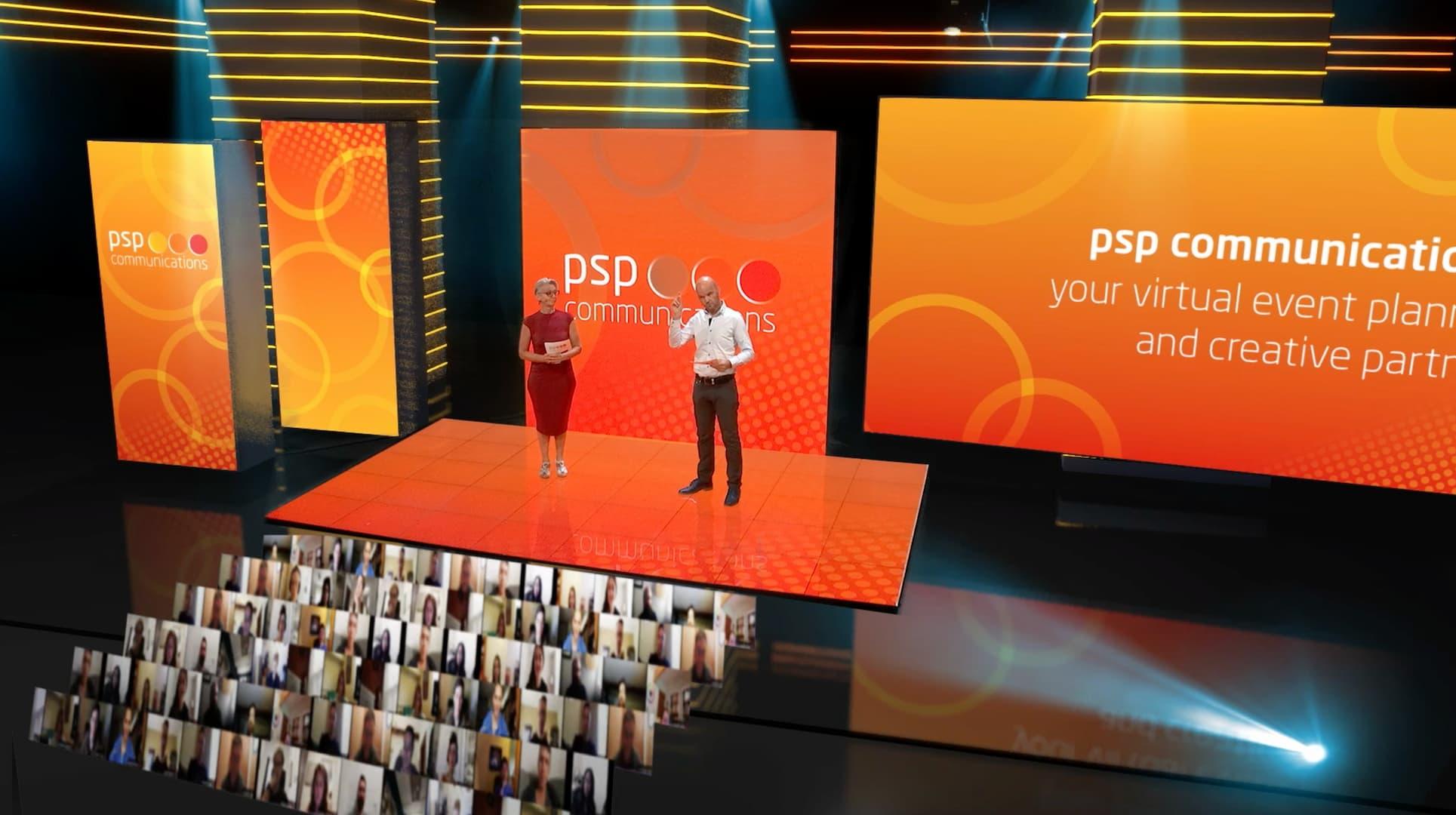 Virtueel event podium psp communications met publiek
